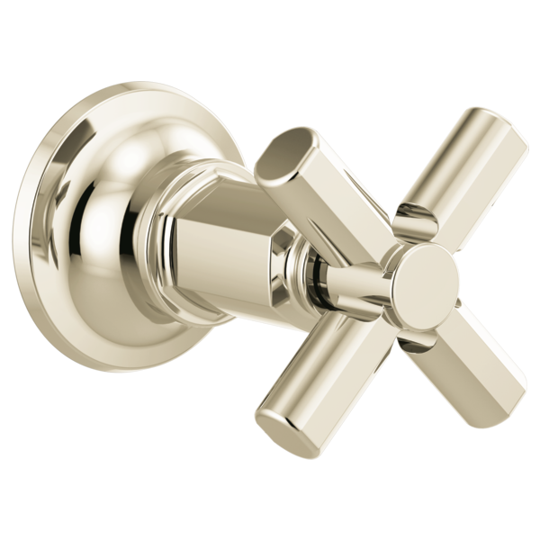 Polished nickel shower valve trim with round escutcheon plate and cross-shaped handle for volume control.
