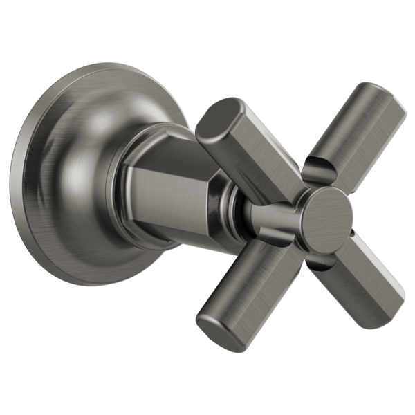 Brushed stainless steel volume control trim with cross handle and circular wall plate.