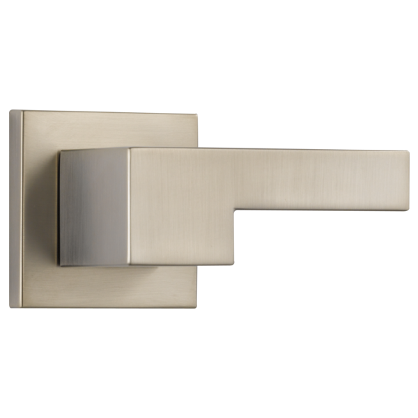 Brushed nickel volume control trim with square backplate and lever handle in satin finish.