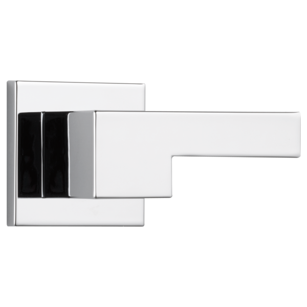 Chrome volume control trim with white rectangular escutcheon plate and black lever handle.