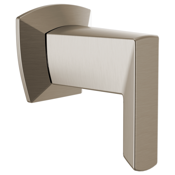 Brushed nickel volume control trim with curved rectangular design and white center panel.