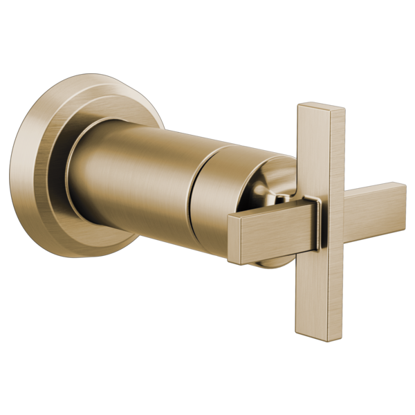 Brushed gold volume control trim with cross handle and circular wall plate.
