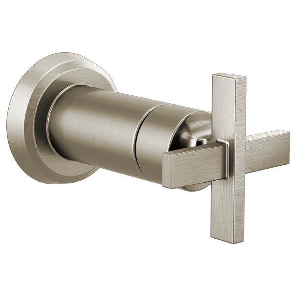 Brushed nickel shower valve trim with cylindrical body and cross-shaped handle control.