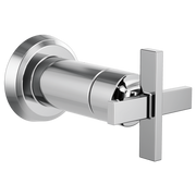 Chrome volume control trim with cross handle and circular escutcheon plate for wall-mounted faucet installation.