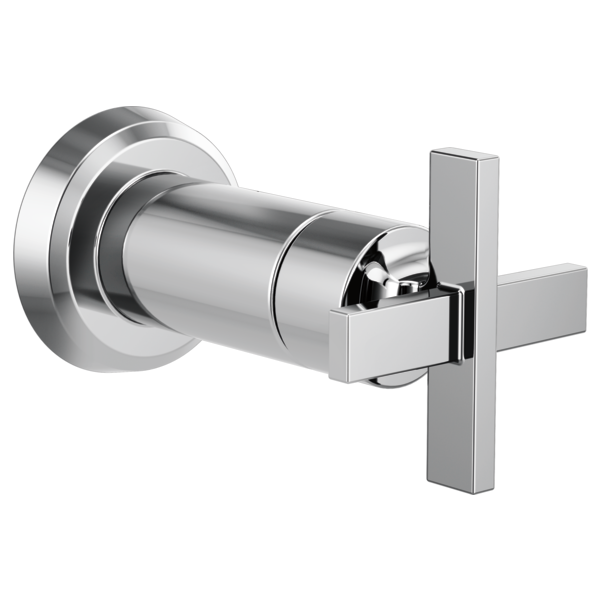 Chrome volume control trim with cross handle and circular escutcheon plate for wall-mounted faucet installation.