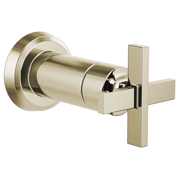 Polished nickel volume control trim with cylindrical body and cross handle lever.