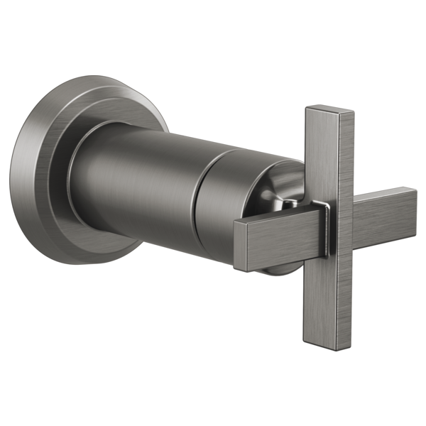 Brushed nickel volume control trim with cross handle and cylindrical valve body mounted on circular escutcheon plate.