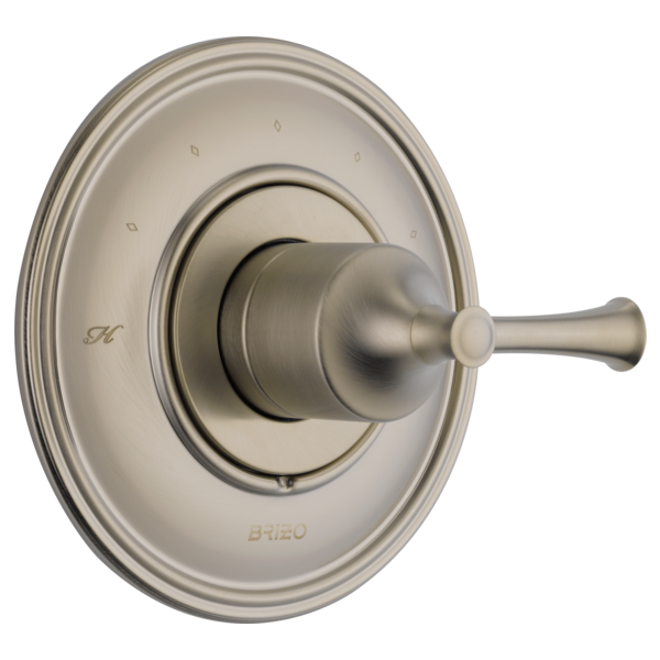 Brushed nickel thermostatic valve trim with circular escutcheon plate and single lever handle.