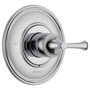 Chrome thermostatic valve trim with circular escutcheon plate and lever handle.