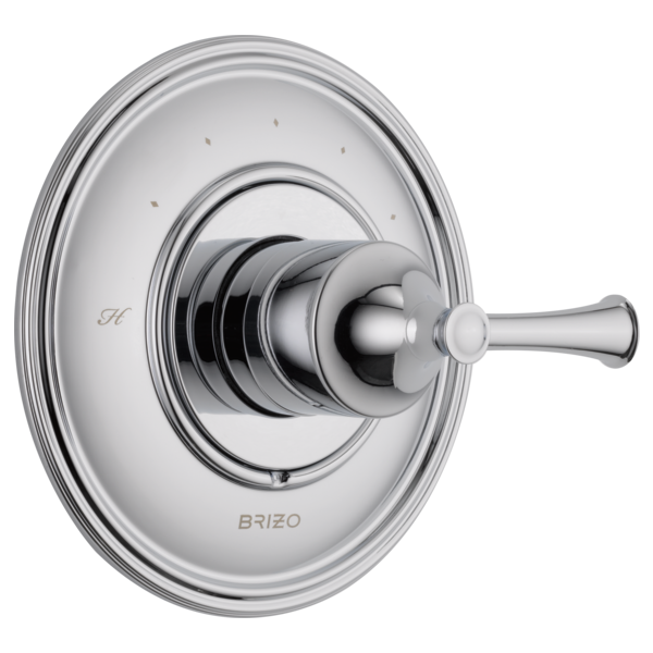 Chrome thermostatic valve trim with circular escutcheon plate and lever handle.