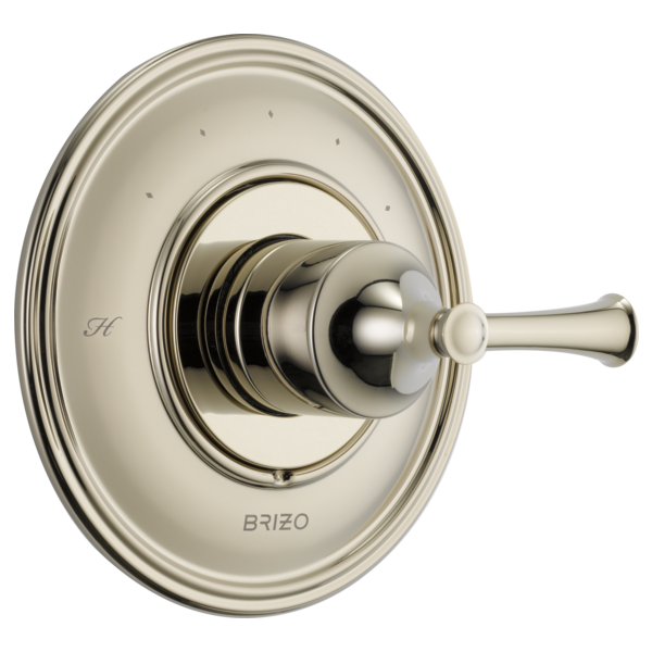 Brushed nickel thermostatic valve trim with circular escutcheon plate and lever handle.