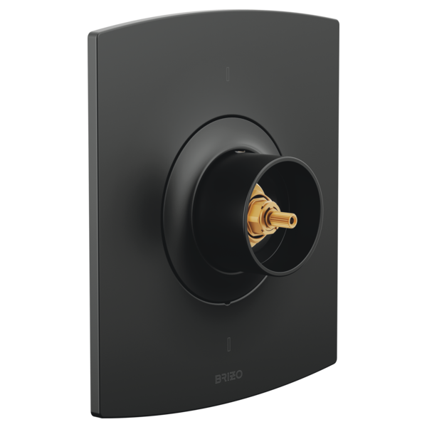Matte black thermostatic valve trim with curved escutcheon plate and brass valve stem, without handle.