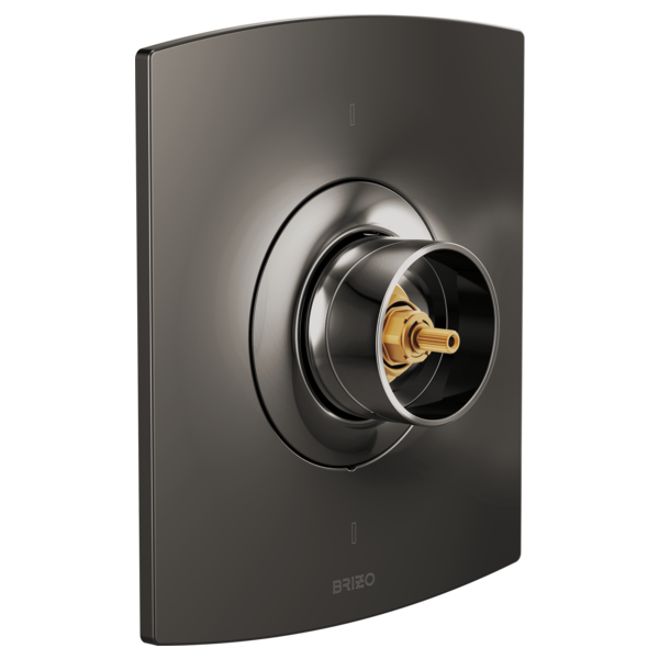 Matte black thermostatic valve trim with circular dial control and gold brass center post mounted on curved rectangular escut