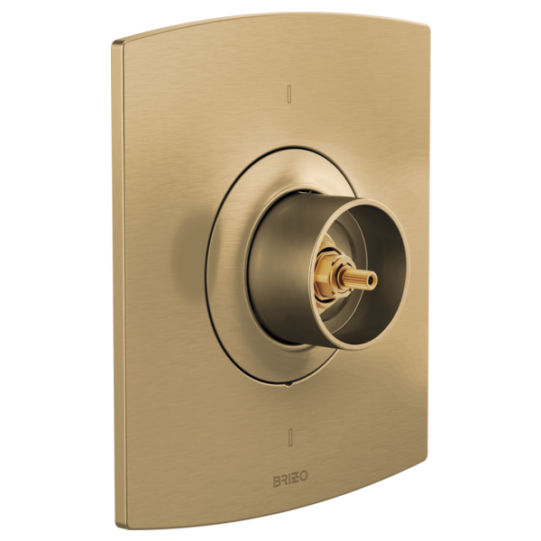 Champagne bronze thermostatic valve trim with curved rectangular escutcheon plate and dual-ring rotary control, no handle.