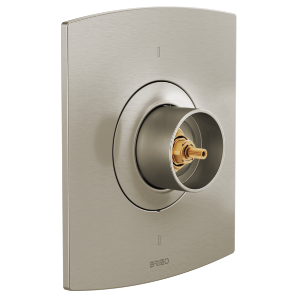 Brushed nickel thermostatic valve trim with circular metallic center piece and brass valve stem on curved rectangular wall pl