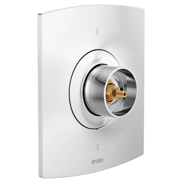 Chrome and white thermostatic valve trim with circular dial control and brass interior components mounted on rectangular escu