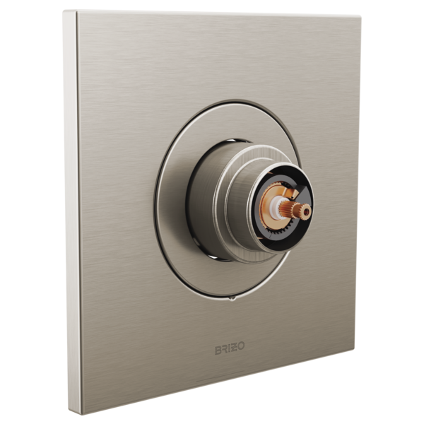 Brushed nickel square valve trim plate with concentric circular knobs and copper internal components, mounted on wall.