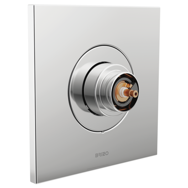 Brizo thermostatic valve trim with circular brushed chrome escutcheon and exposed copper internal components mounted on squar