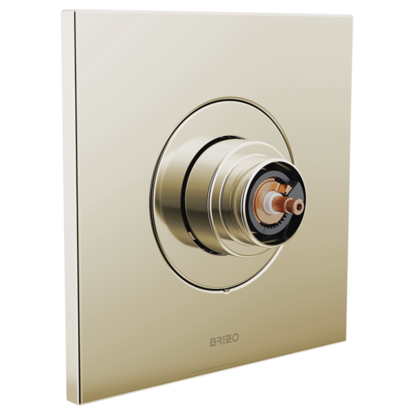 Brizo thermostatic valve trim with round escutcheon plate and internal cartridge mechanism, handle not included.