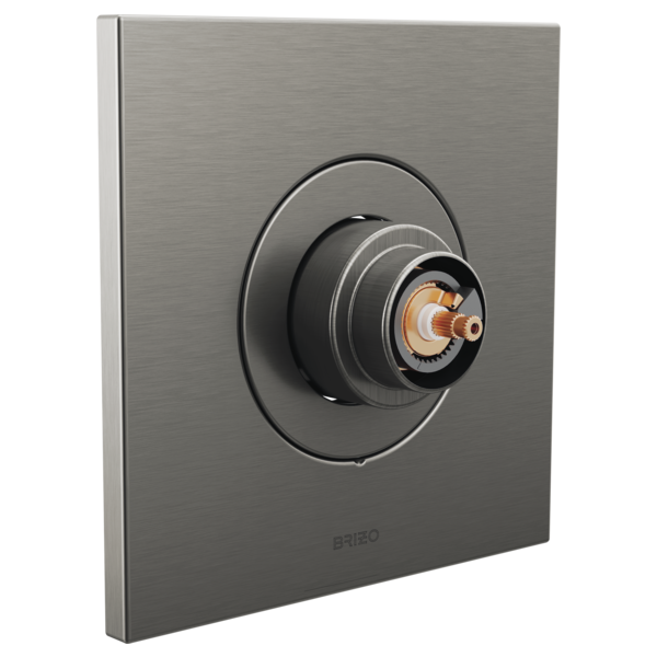 Brushed nickel thermostatic valve trim with concentric circular rings and exposed brass cartridge on square wall plate.
