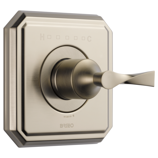 Brushed nickel thermostatic valve trim with single lever handle and square escutcheon plate.
