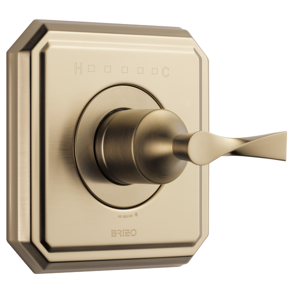 Brushed champagne bronze thermostatic valve trim with square plate, circular dial, and lever handle.