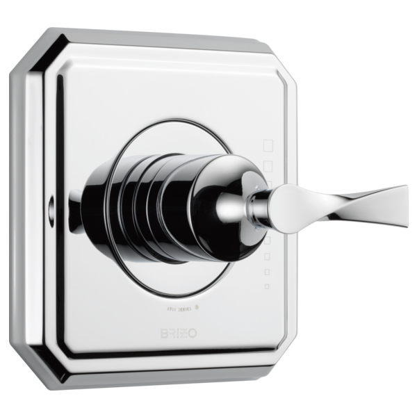 Chrome thermostatic valve trim with white porcelain lever handle and square escutcheon plate.