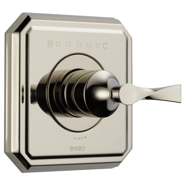 Chrome thermostatic valve trim with rectangular escutcheon plate, circular handle, and temperature control markings.