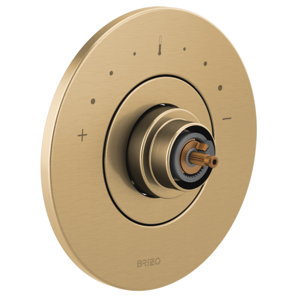 Champagne gold oval thermostatic valve trim with concentric rings and temperature adjustment controls.