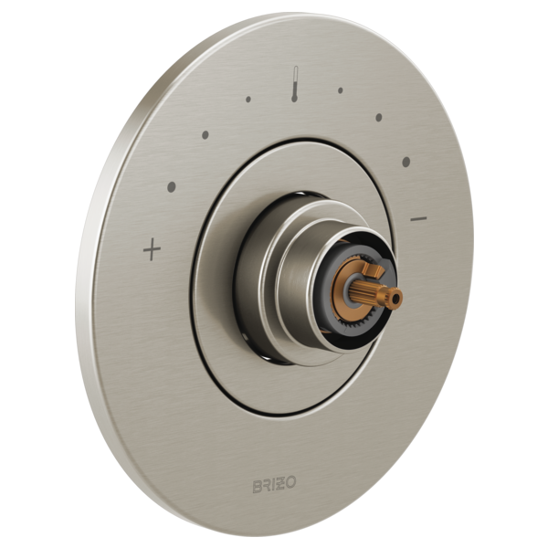 Brushed nickel circular thermostatic valve trim with concentric rings, temperature controls, and brass cartridge visible in c