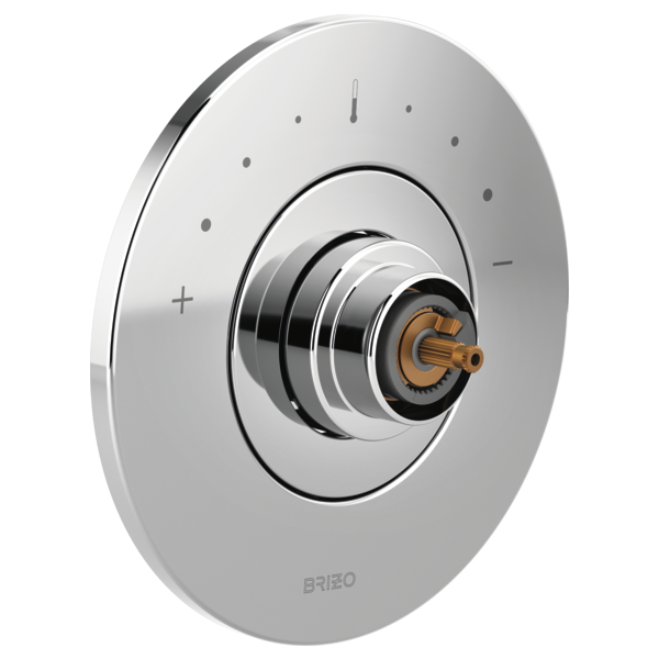 Brizo Litze thermostatic valve trim with concentric circular escutcheon plate, temperature control markings, and brass cartri