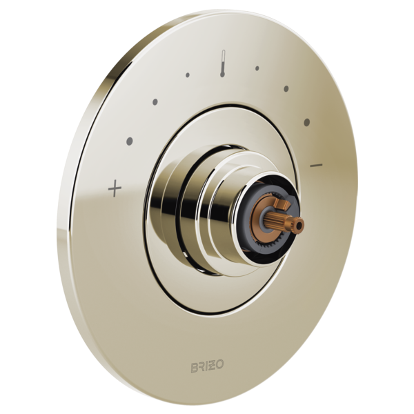 Brushed nickel circular thermostatic valve trim with concentric rings, control dots, and brass center cartridge without handl