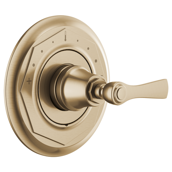 Brushed champagne bronze thermostatic valve trim with lever handle and circular escutcheon plate.