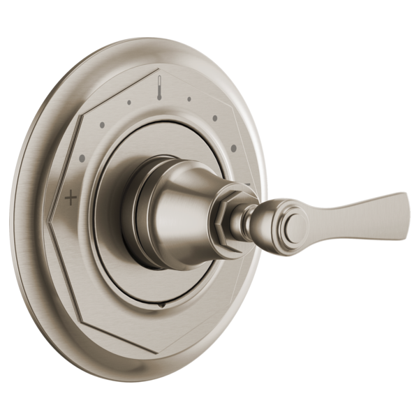 Brushed nickel thermostatic valve trim with octagonal escutcheon plate and single lever handle.
