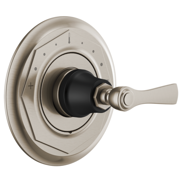 Brushed nickel thermostatic valve trim with octagonal escutcheon plate and lever handle control.