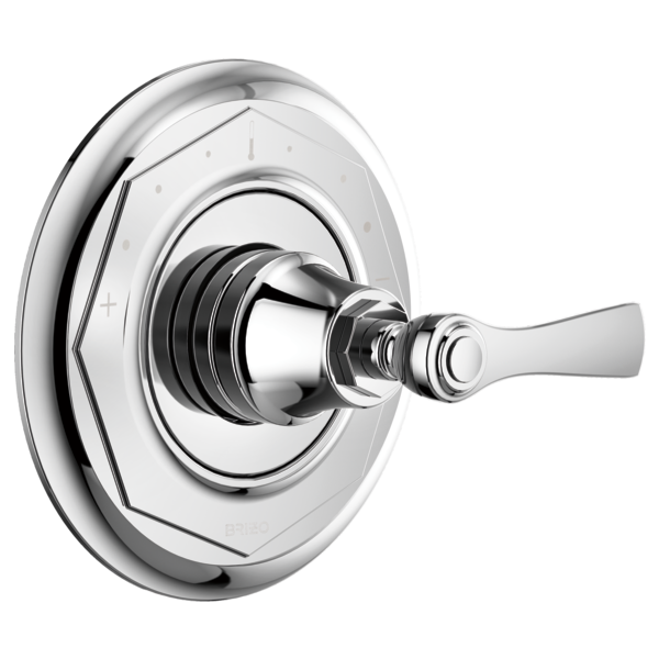 Chrome thermostatic valve trim with octagonal escutcheon plate and single lever handle.