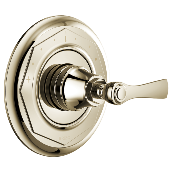 Polished nickel thermostatic valve trim with octagonal escutcheon and lever handle.