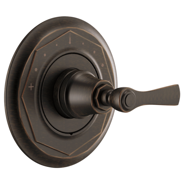 Oil-rubbed bronze thermostatic shower valve trim with geometric escutcheon plate and lever handle.
