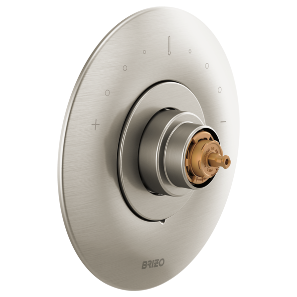 Brushed nickel circular thermostatic valve trim with concentric rings and brass cartridge center, mounted on oval escutcheon 