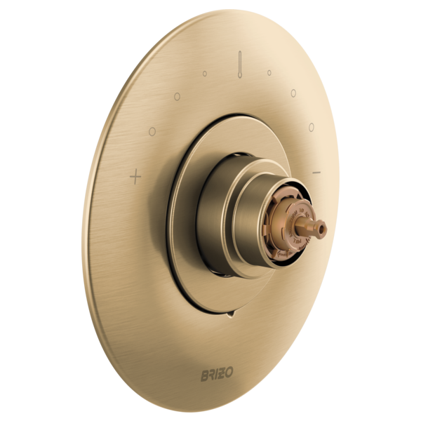 Brizo Odin Sensori thermostatic valve trim with round champagne bronze escutcheon plate and concentric control rings without 