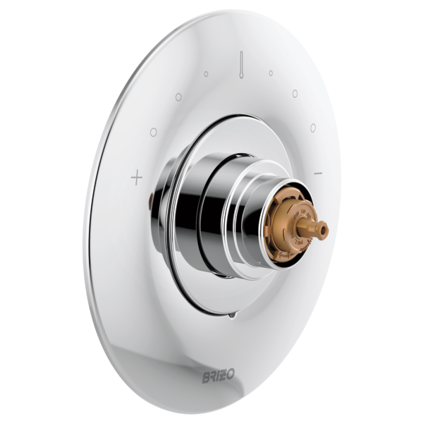 Brizo Odin Sensori thermostatic valve trim with white escutcheon, chrome center ring, and brass valve body without handle.