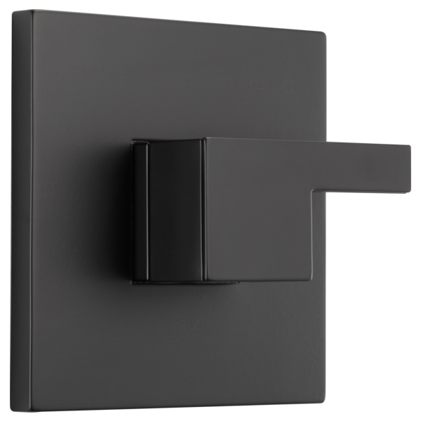 Matte black square thermostatic valve trim with single lever handle on wall-mounted backplate.