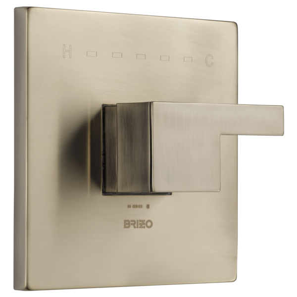 Brizo Siderna thermostatic valve trim with square backplate and lever handle in brushed nickel finish.