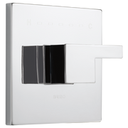 Chrome and white thermostatic valve trim with rectangular escutcheon plate and lever handle.
