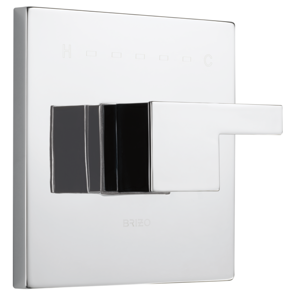 Chrome and white thermostatic valve trim with rectangular escutcheon plate and lever handle.