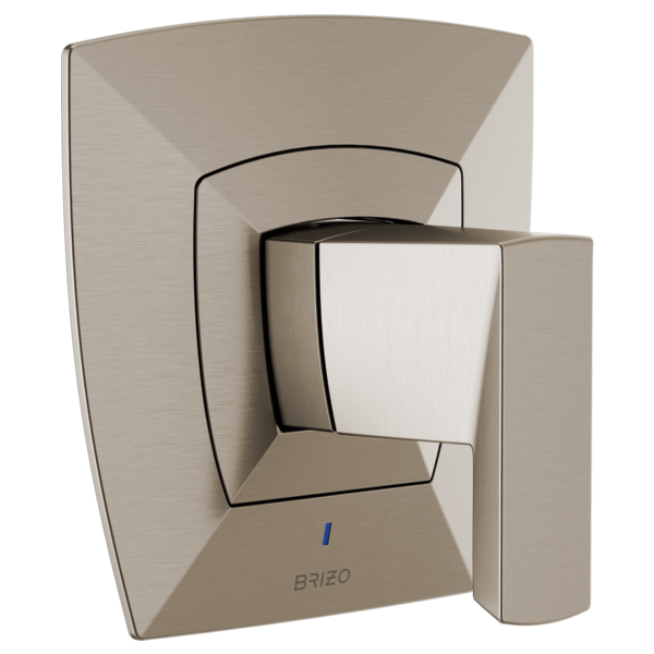 Brushed nickel thermostatic valve trim with square escutcheon plate and modern geometric lever handle design.