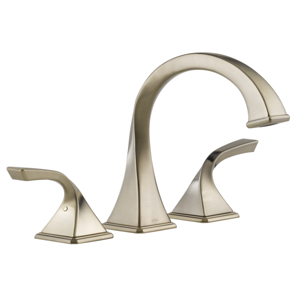 Brushed nickel roman tub faucet with curved spout and two angled side handles.