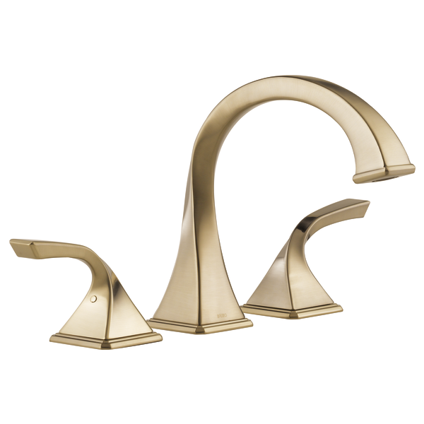 Champagne bronze three-piece roman tub faucet with arched spout and curved lever handles on each side.