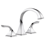 Chrome roman tub faucet with curved spout and two lever handles on either side.