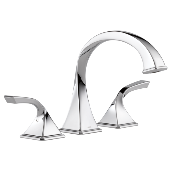 Chrome roman tub faucet with curved spout and two lever handles on either side.